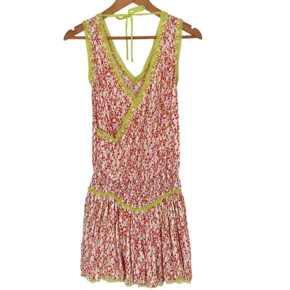 Poupette St. Barth Pink and Bright Green Back Tie Mini Dress with Tule Trim M - Picture 1 of 7